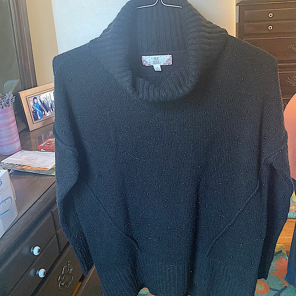 Black turtle neck sweater with white specks (not lint), Brand is “Pink Rose”